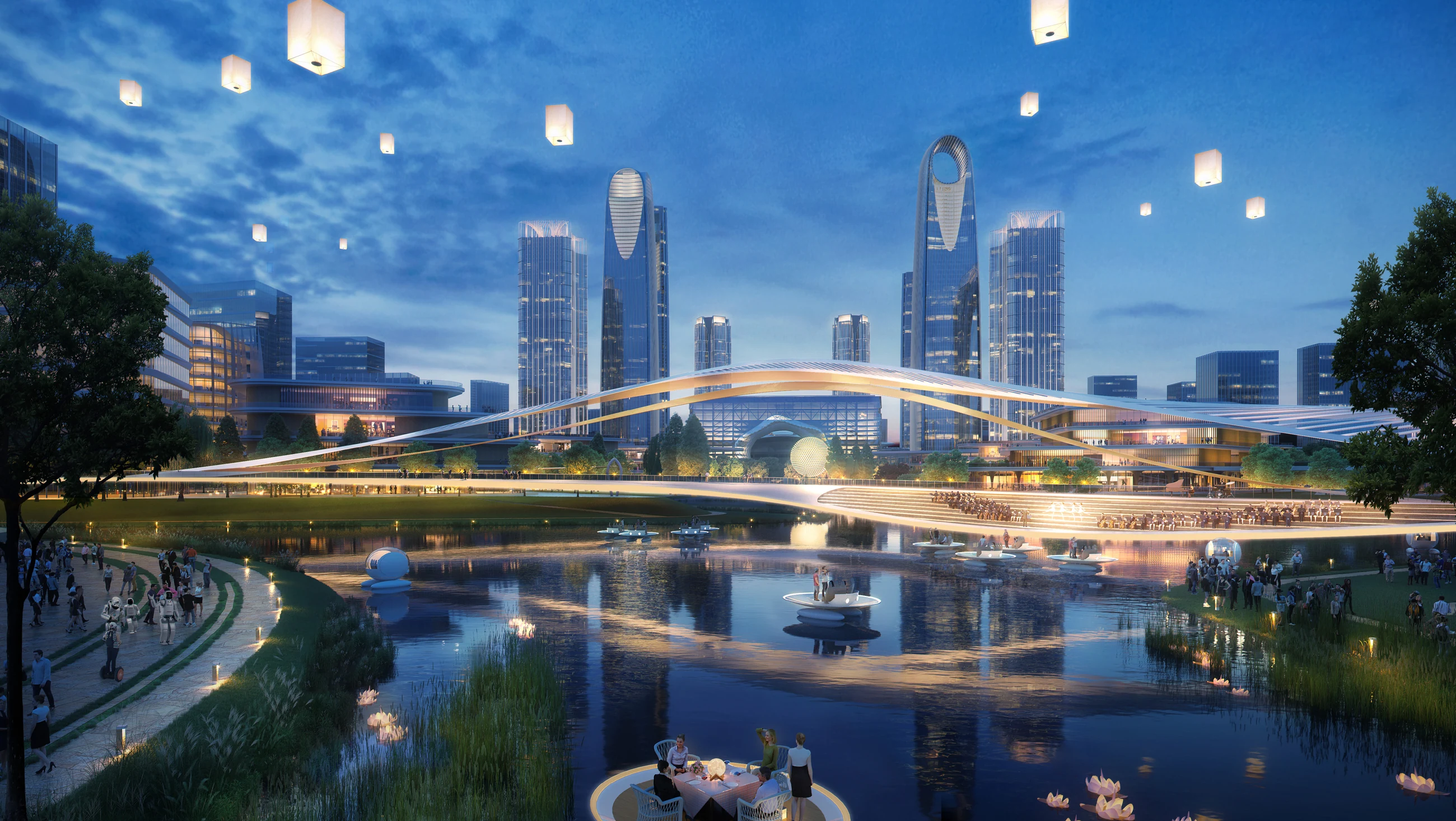 Night view of Hangzhou West Station reflected in a public water landscape