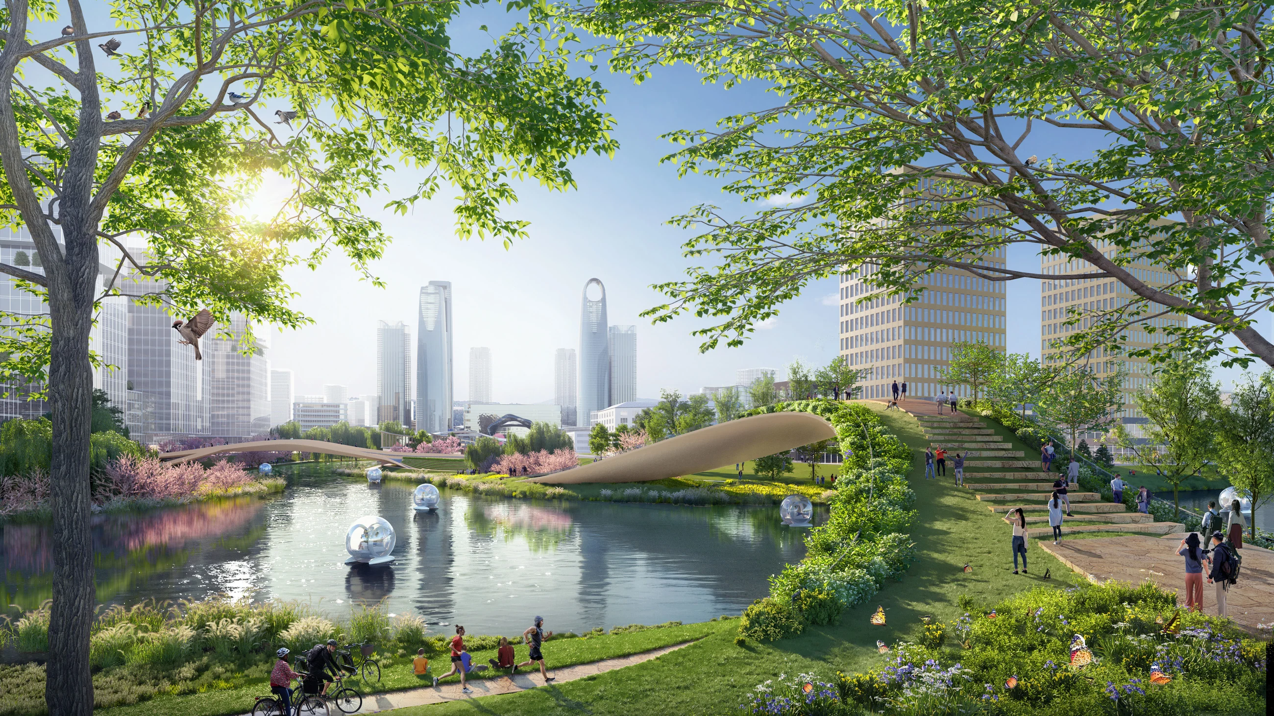 Daytime view across a wetland park toward the Hangzhou West Station district