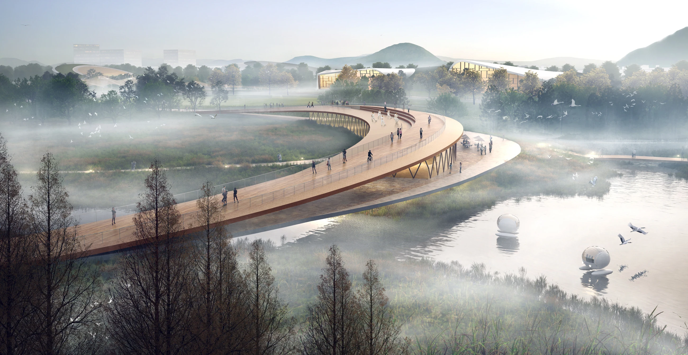 Elevated circular path crossing a misty wetland landscape