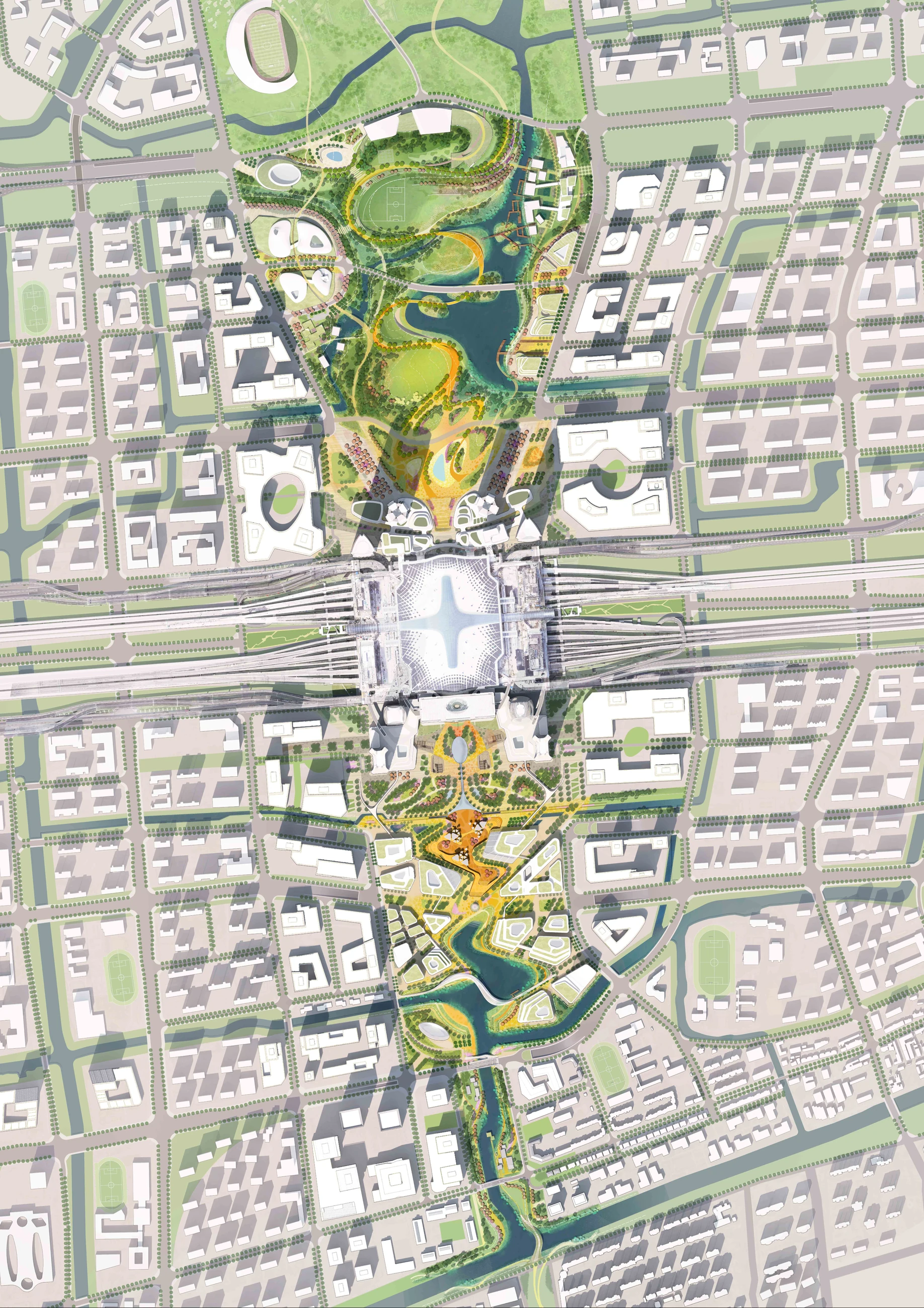 Vertical master plan of the full Hangzhou West Station ecological-cultural axis