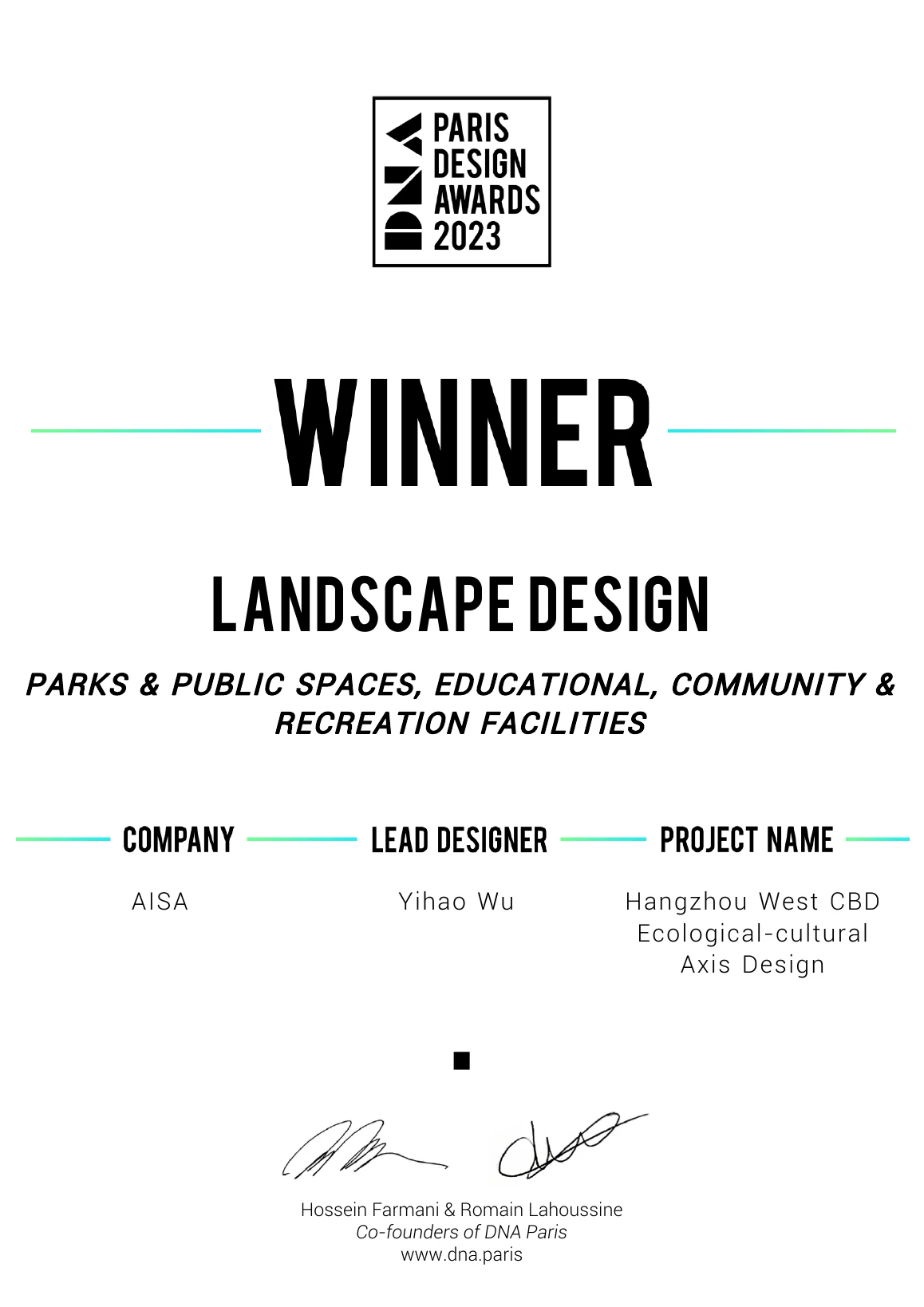 DNA Paris Design Awards certificate