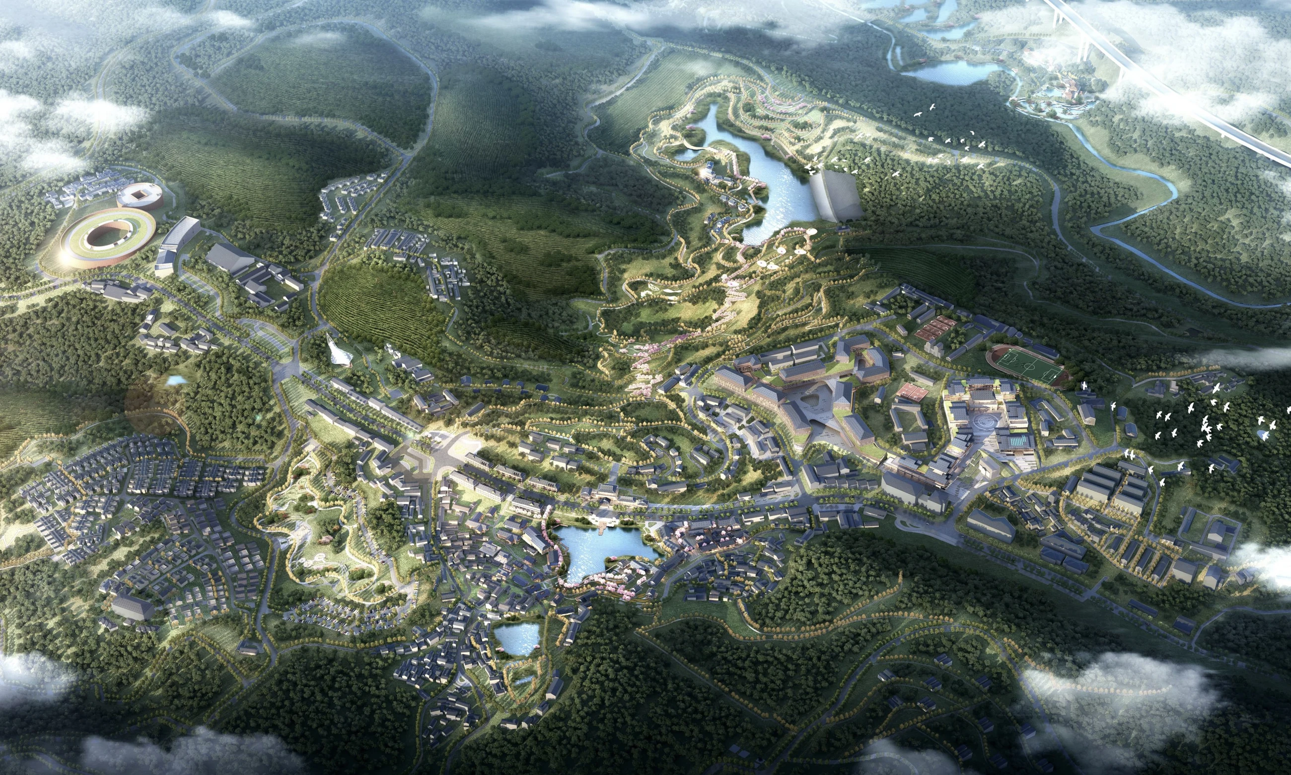 Territorial aerial plan connecting Huimin Town, village clusters, tea landscapes, and ecological corridors