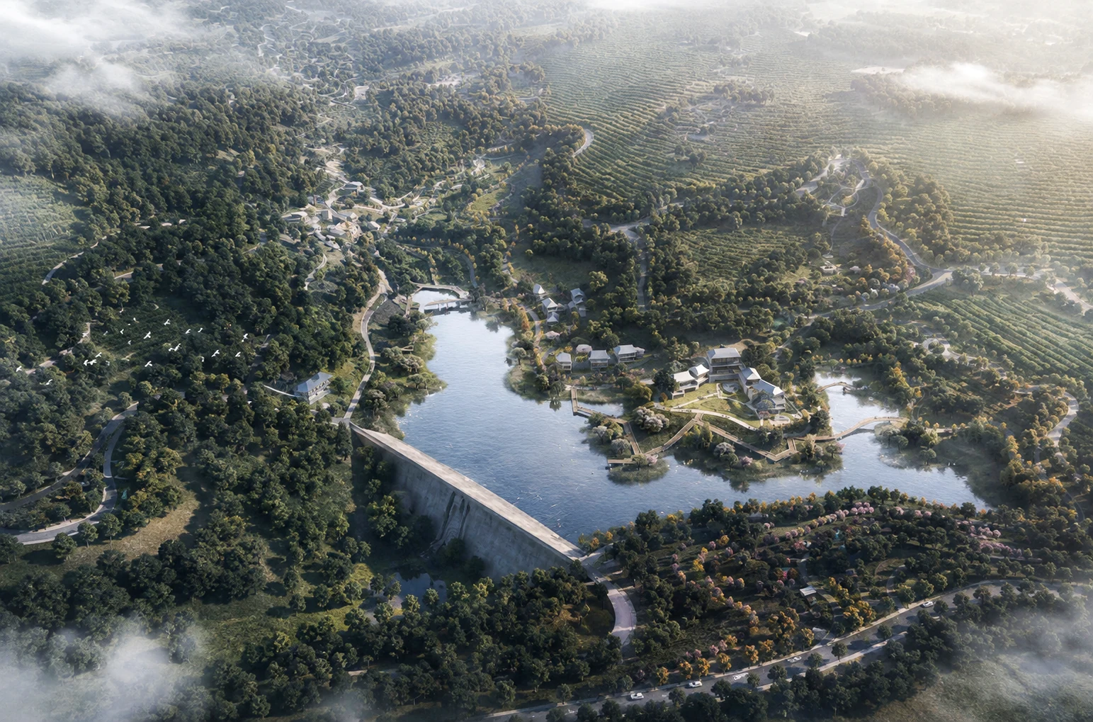 Aerial view of lakes, tea gardens, woodland, and low-impact visitor routes