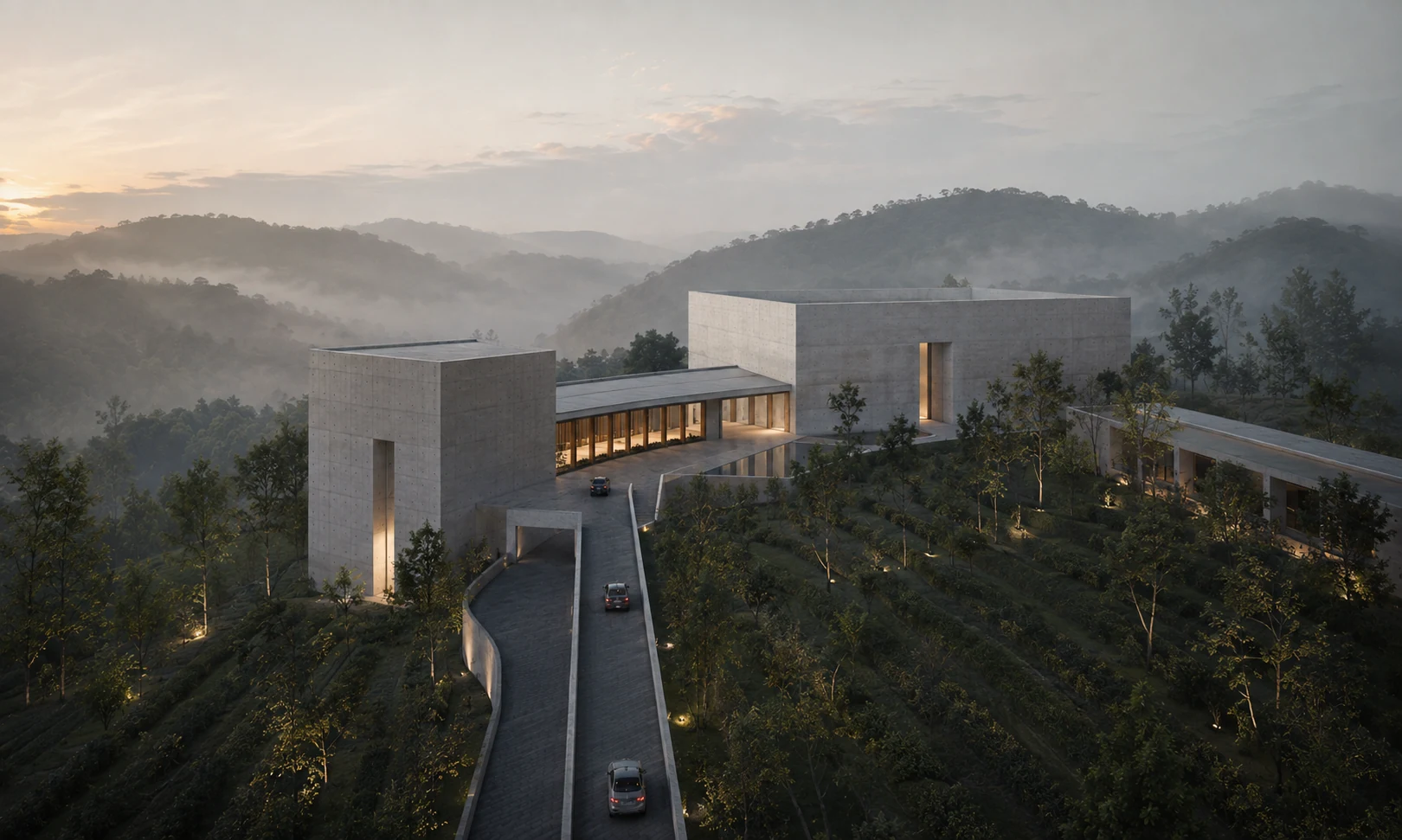 Contemporary cultural buildings carefully embedded among tea fields and forested slopes