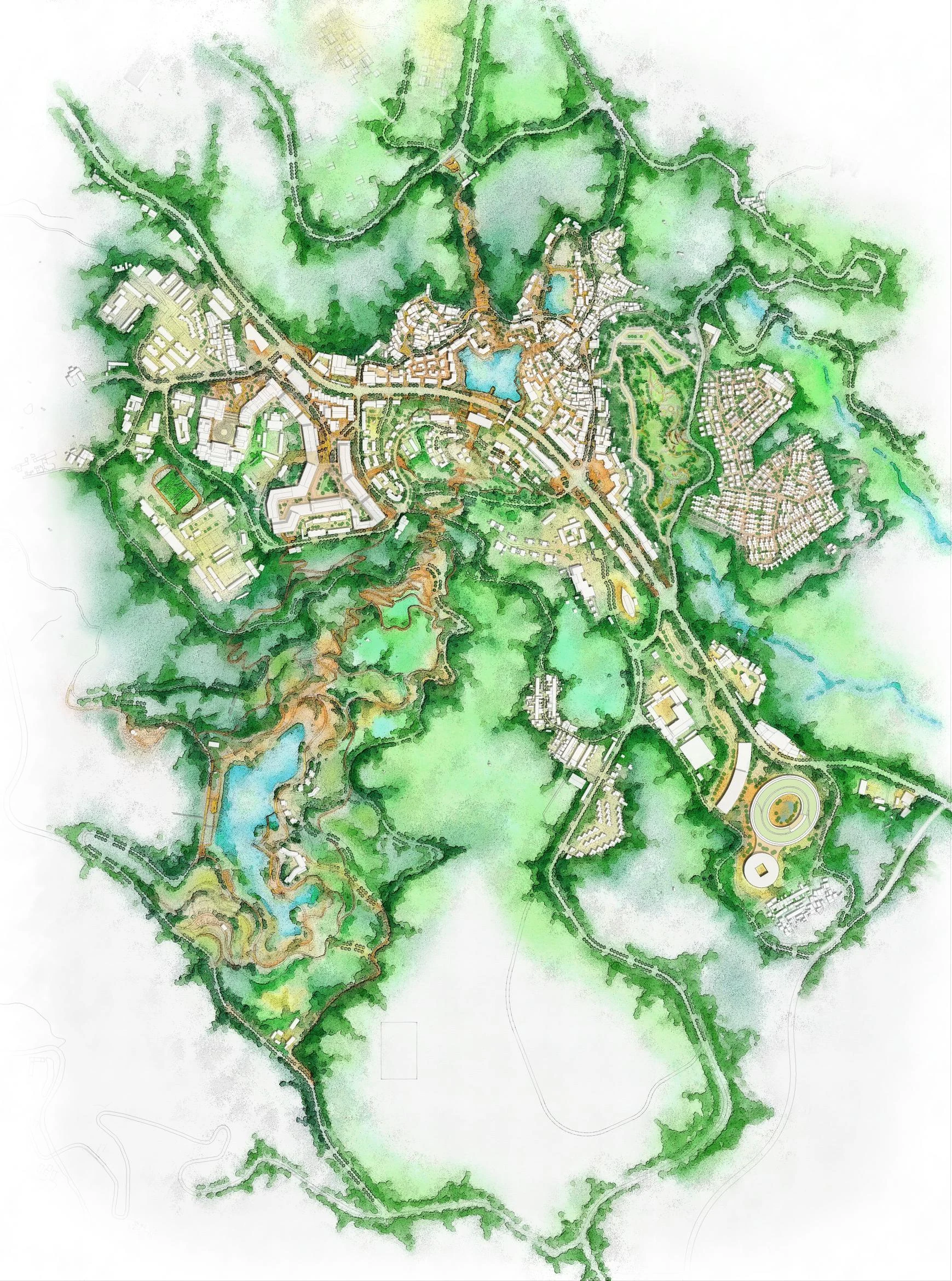 Illustrative village development plan embedded in the mountain and water landscape