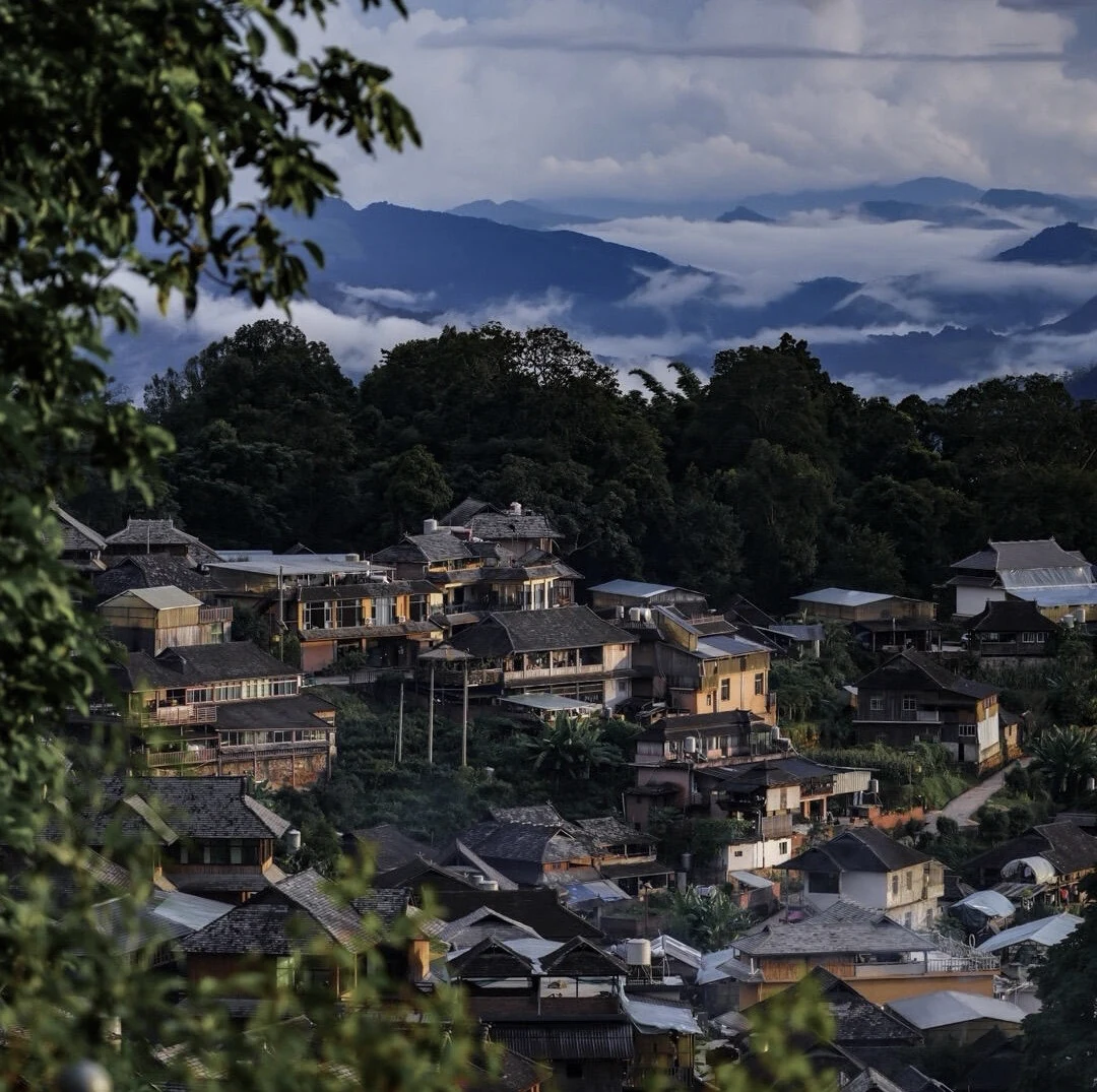 Traditional village nestled within the forested mountains of Jingmai
