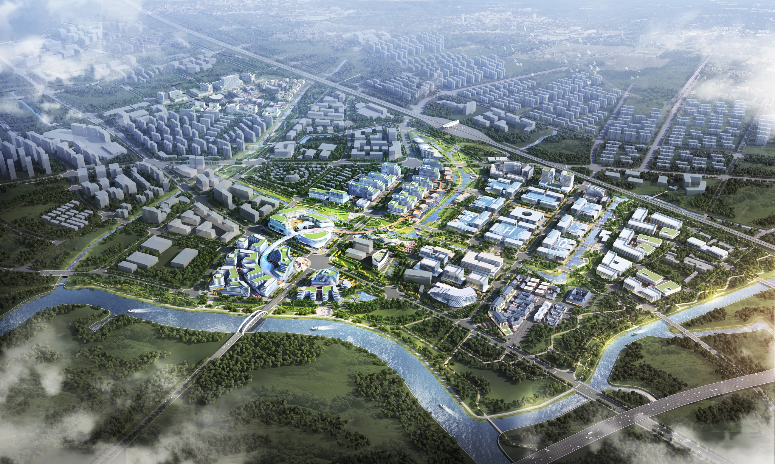 Aerial master plan of the North Hongqiao Innovation District organized around waterways and connected industry clusters