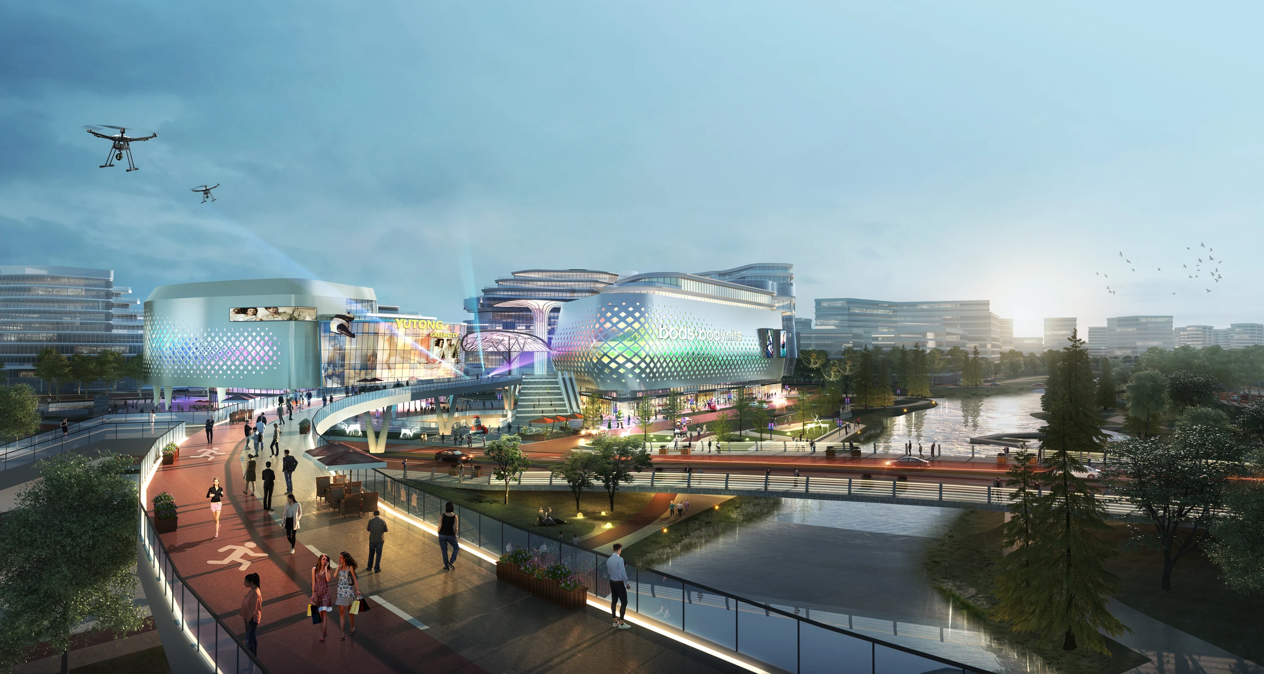 Evening view of a cultural and commercial center connected by elevated paths across a canal