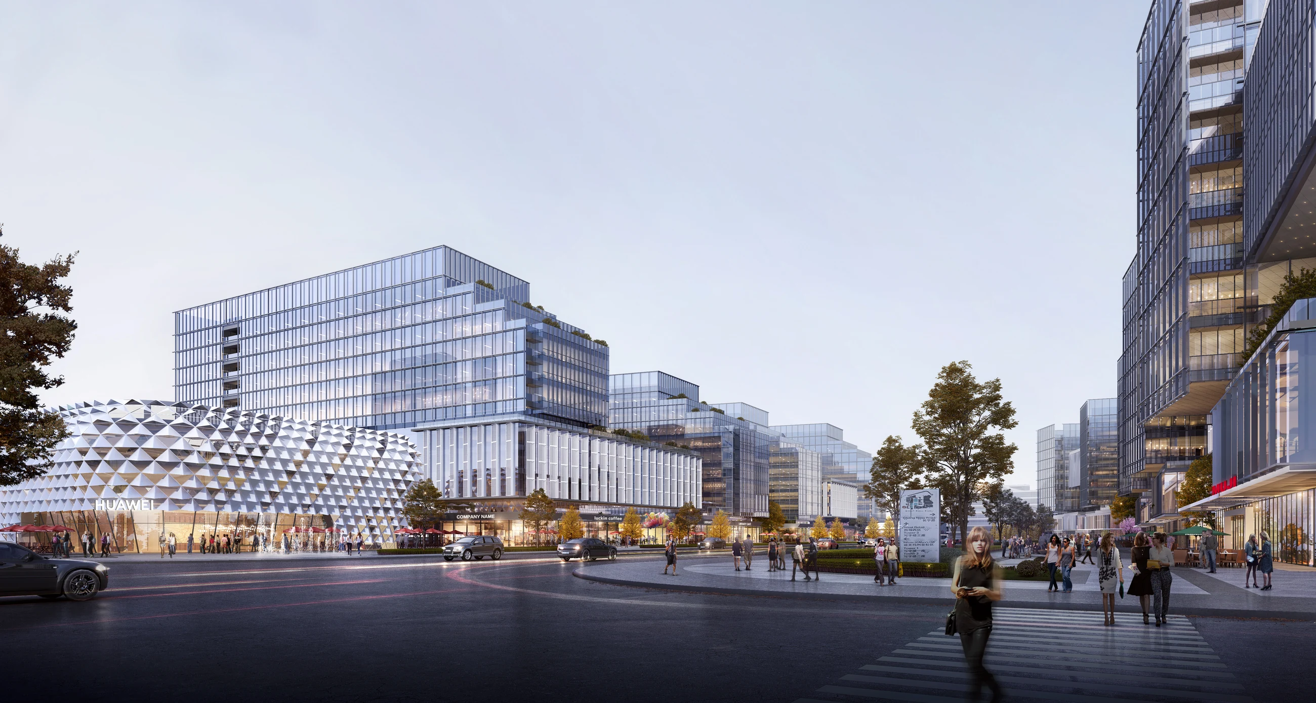 Street-level view of active commercial frontages and research offices in North Hongqiao