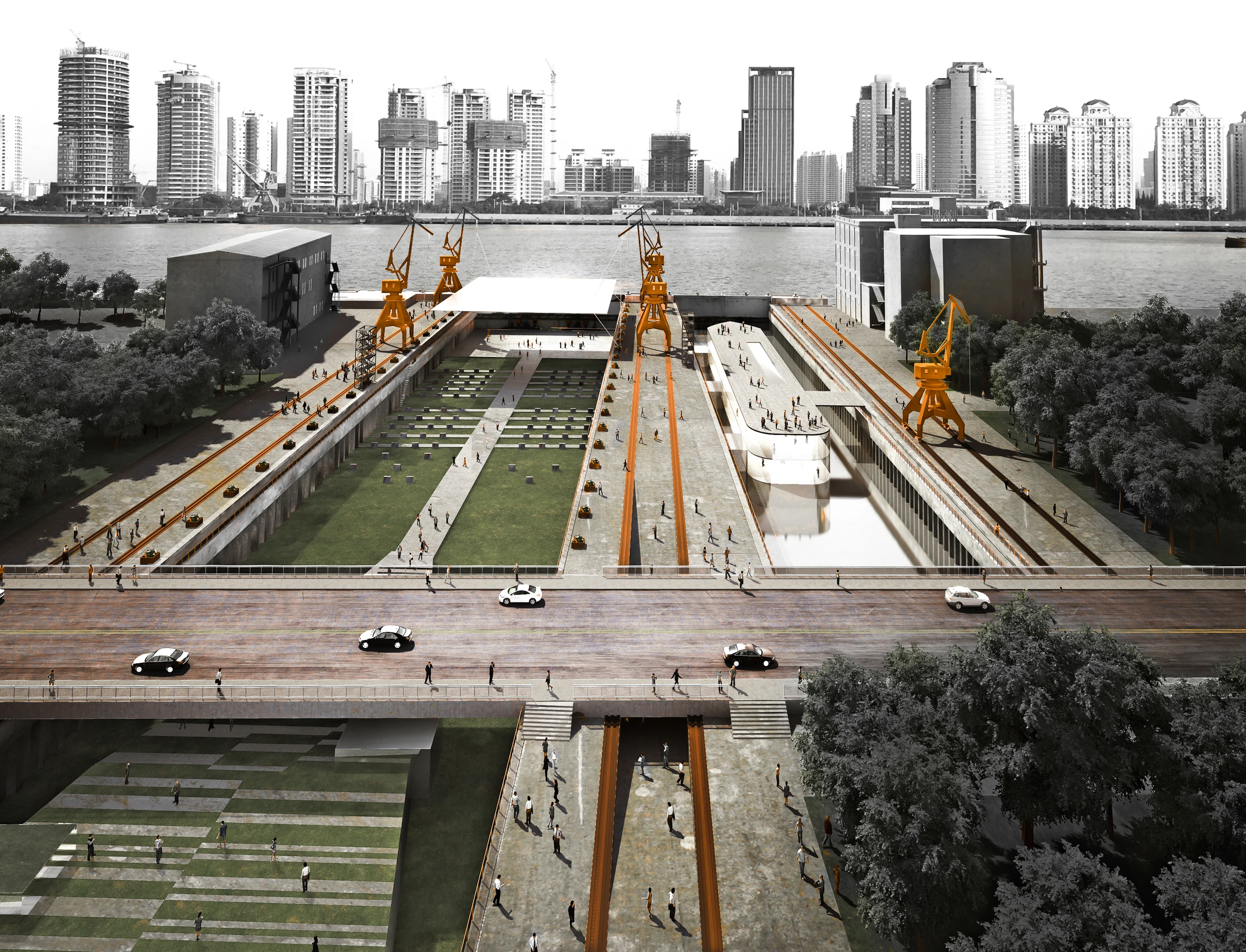 Design visualization of a new public landscape passing through the Yangpu industrial waterfront