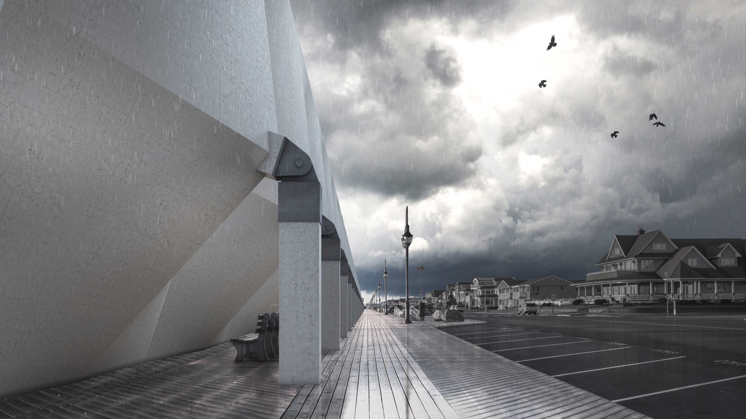 Storm clouds above a coastal neighborhood and flood protection structure