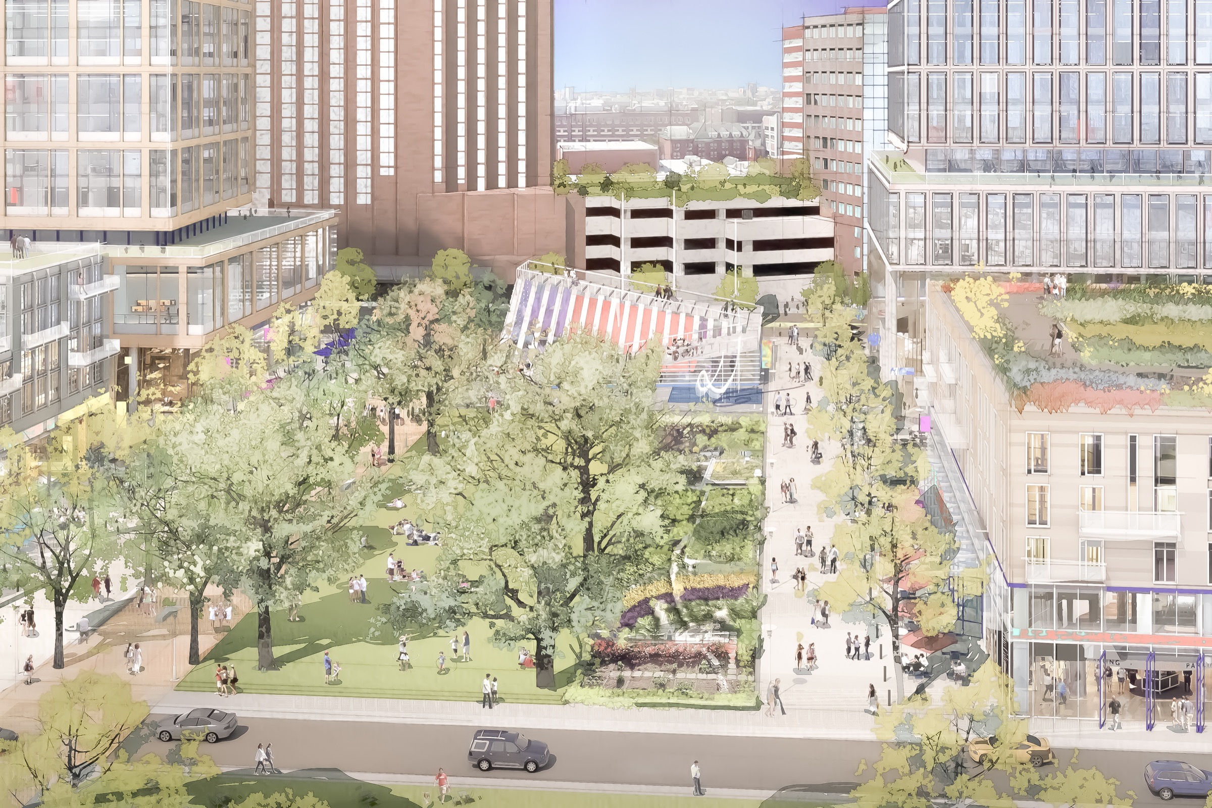 Illustrated public realm proposal in an urban innovation district