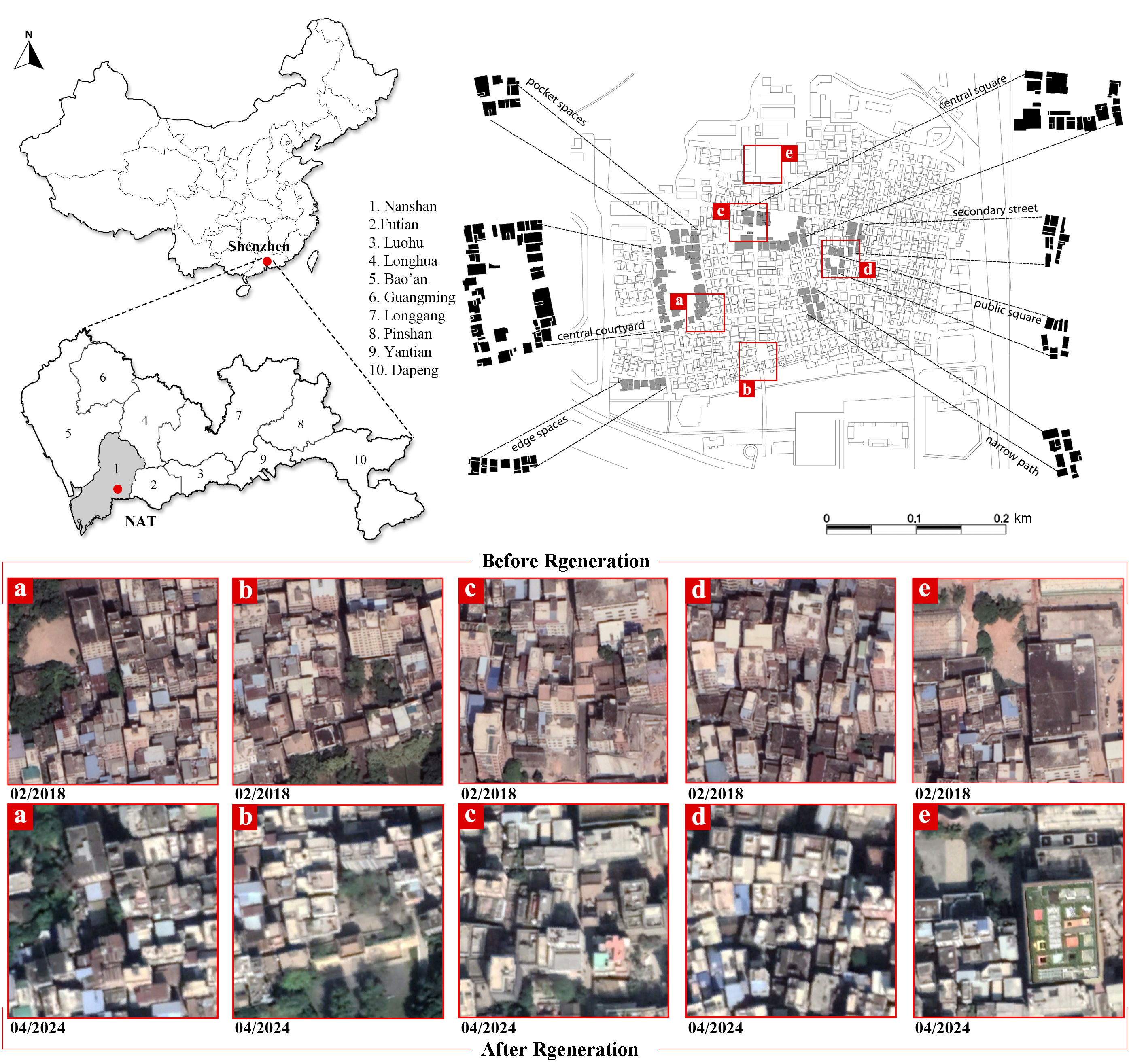 Maps locating Nantou Ancient Town and comparing neighborhood blocks before and after regeneration