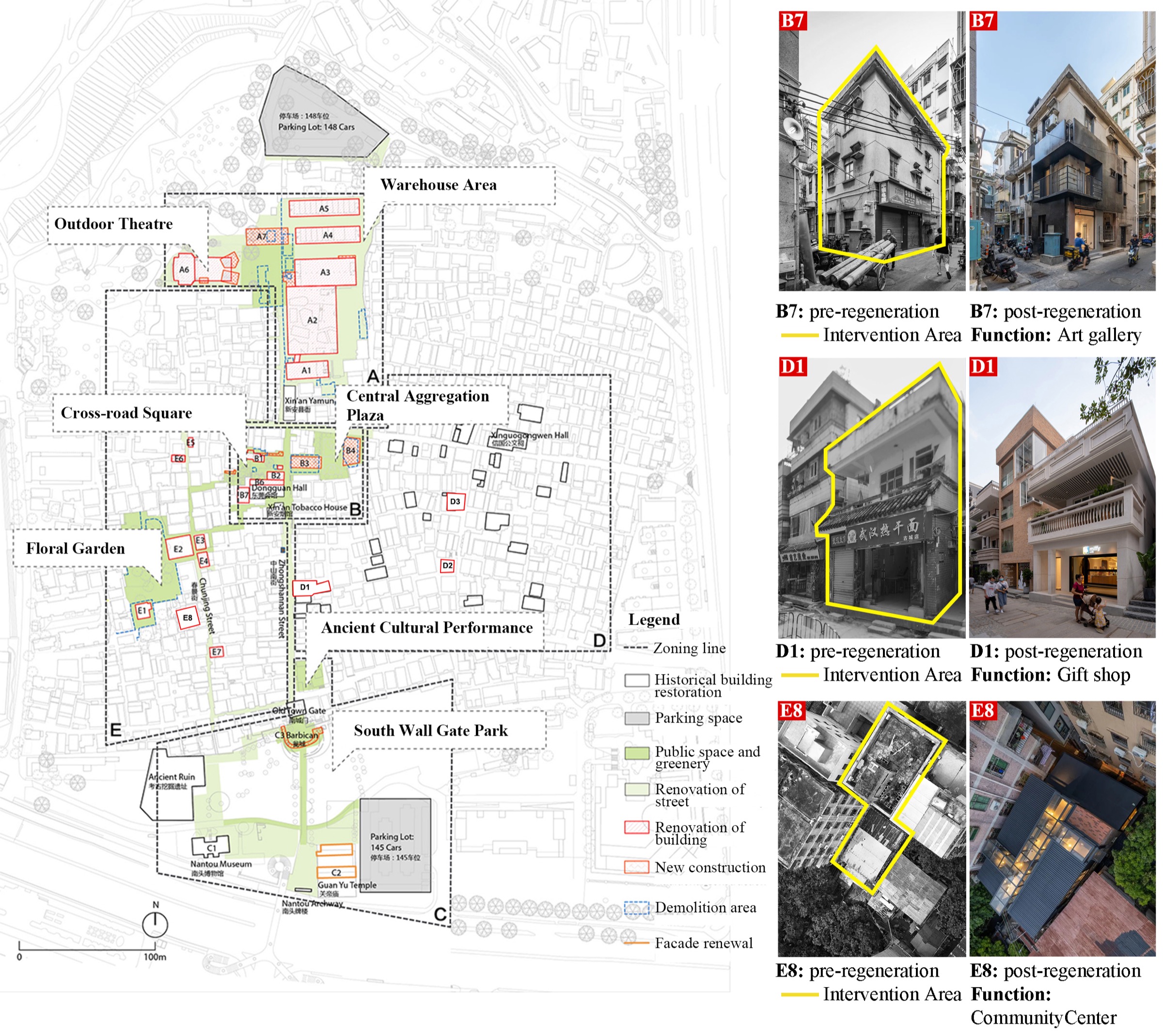 Plan and before-after photographs of micro-regeneration in Nantou Ancient Town