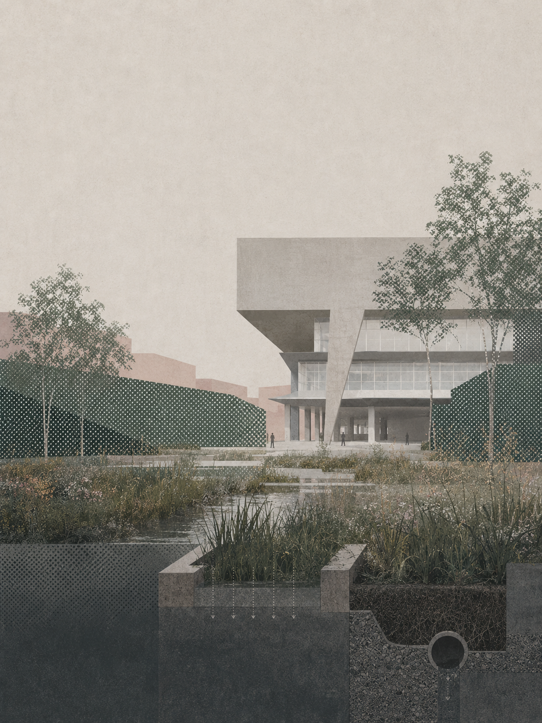 Architectural rendering of a sponge-city landscape integrating planted drainage and public space